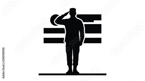 Soldier silhouette saluting in front of flag for national memorial day service
