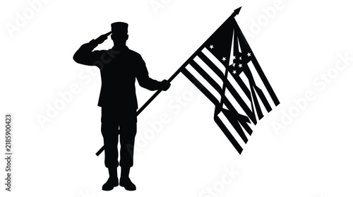 American soldier silhouette saluting with flag to honor memorial day in the United States