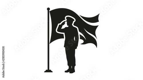 Soldier silhouette saluting in front of a flag to honor national service at a memorial event.