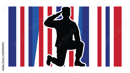 Silhouette of a soldier kneeling and saluting for memorial day honor ceremony in United States