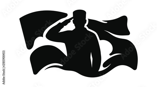 Silhouette of a soldier saluting in front of a waving flag for national independence day