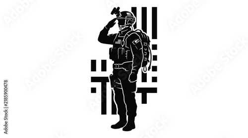 Soldier in tactical gear saluting with flag pattern background for military appreciation