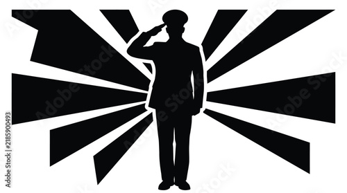 Military officer silhouette saluting with sunburst background representing patriotism