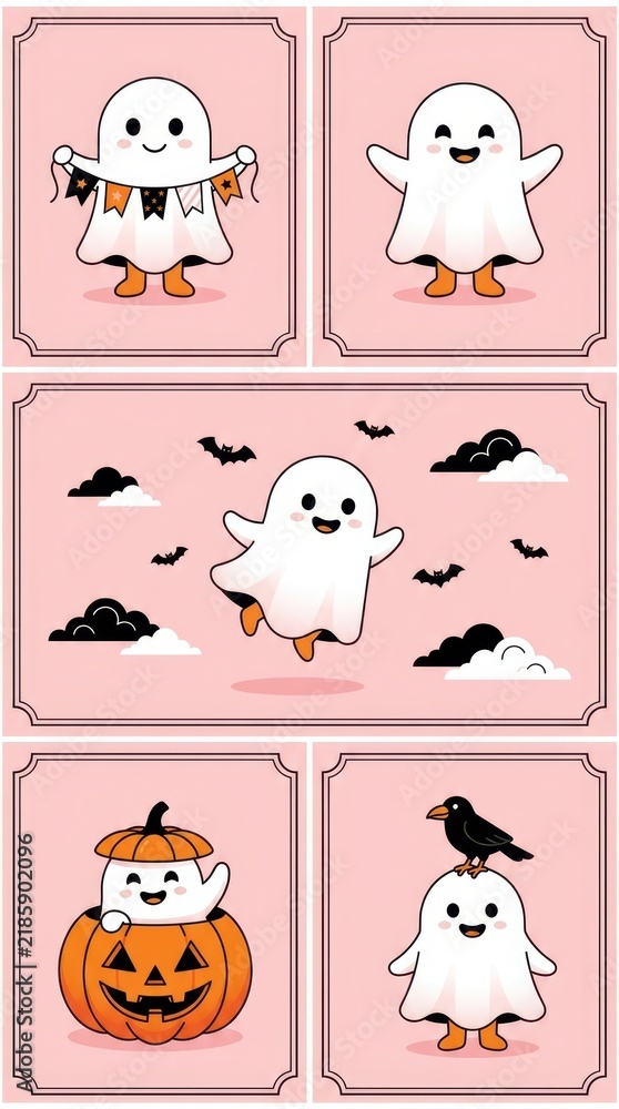 Obraz premium Cute Halloween Ghost Illustration Set with Pumpkin, Bats, and Crow on Pink Background for Festive Decor
