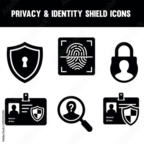 Privacy and Identity Protection Shield Icons Set, Personal Data Security Vector Collection