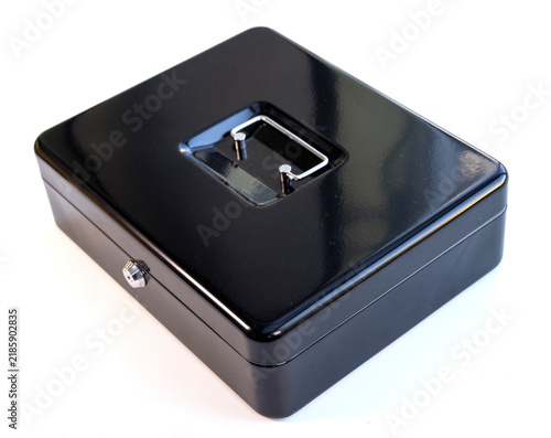 Fotografía Black Metal Security Cash Box with Handle and Lock on White Background