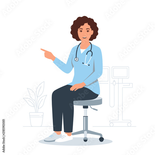 Doctor Explaining Medical Concept Sitting On Stool In Clinic Setting