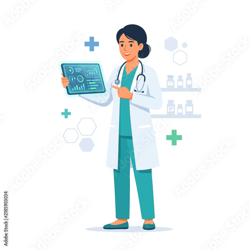 Doctor Explaining Medical Data On Futuristic Digital Tablet Screen