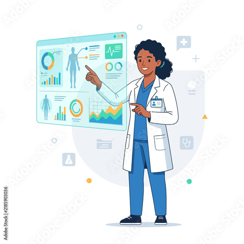 Doctor Explaining Medical Data On Futuristic Digital Screen