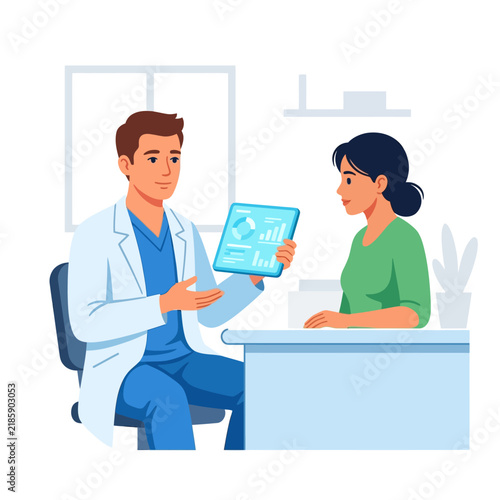 Doctor Explaining Medical Data On Tablet To Patient In Consultation Room
