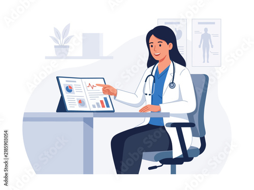 Doctor Explaining Medical Data On Tablet In Consultation Room