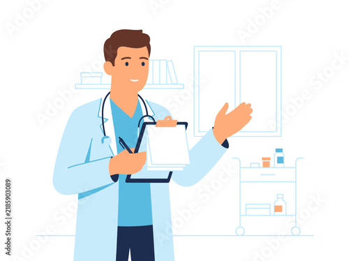 Doctor Explaining Medical Information Holding Clipboard