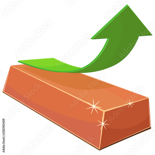 Copper bullion bar with rising green arrow representing commodity price surge, industrial metals bull market, green energy demand, and economic growth (cut out)
