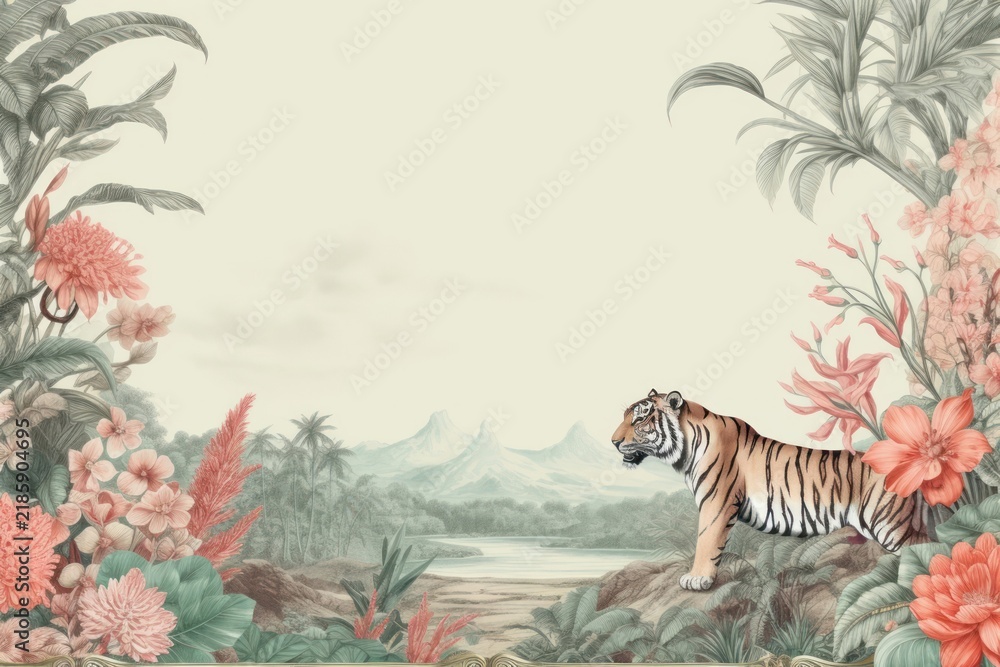 Obraz premium Tiger in flowers garden by lake wildlife animal mammal.