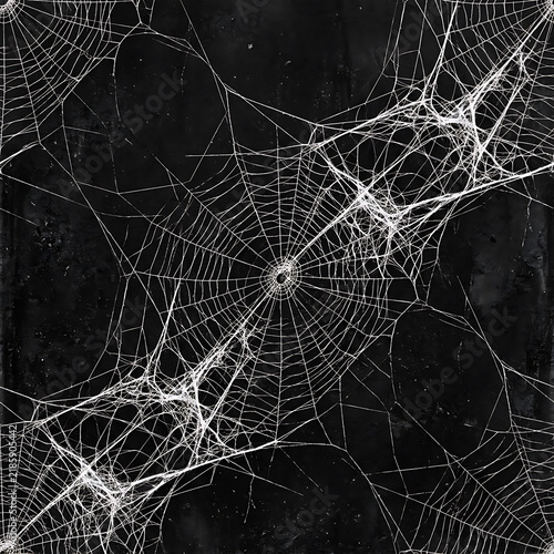 Dark spooky Halloween seamless pattern with intricate white cobwebs and spider webs on black background