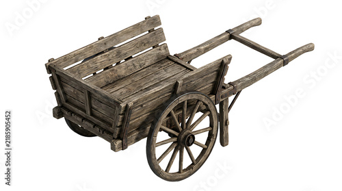 Canvastavla Vintage wooden handcart with spoked wheel and handles, rustic farm cart isolated on white background