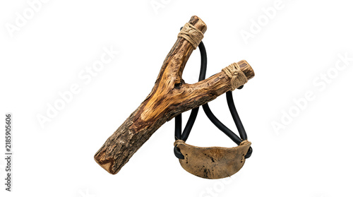 Quadro su tela Wooden Y-shaped slingshot with leather pouch and black rubber straps, isolated on white background