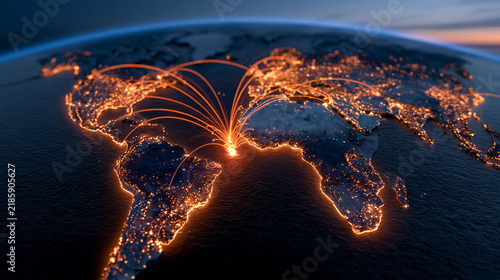 Conceptual illustration of global energy trade routes, stylized world map with glowing shipping lanes converging through a narrow strategic maritime chokepoint, abstract geopolitic