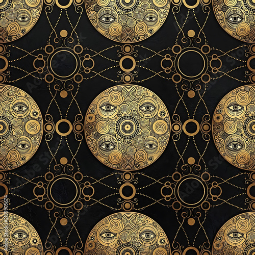 Mystical black and gold celestial seamless pattern with esoteric symbols, sun, and sacred geometry