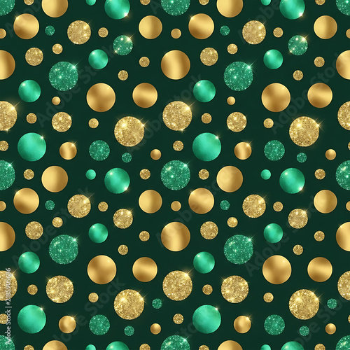 Luxury green and gold abstract seamless pattern with glossy spheres and circles on dark background