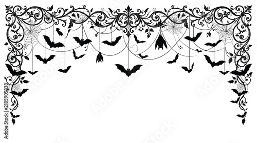 Halloween top decorative border Vintage Gothic Halloween floral corner border and header, spooky black orchid branches with flying bats and delicate spider webs