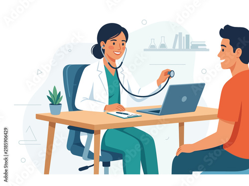 Doctor Examining Patient With Stethoscope In Medical Consultation Room
