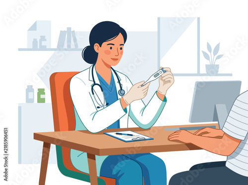 Doctor Examining Patient With Thermometer In Clinic Consultation