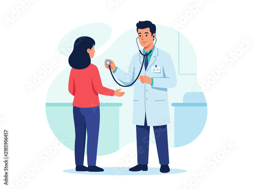 Doctor Examining Patient With Stethoscope Modern Flat Design Medical Consultation