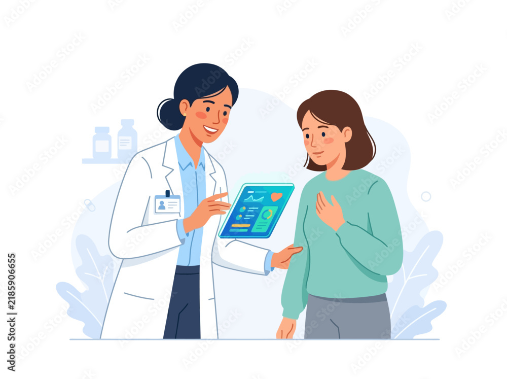 Fototapeta premium Doctor Consults Patient With Digital Health Data Displayed On Tablet