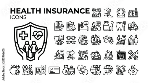 Health Insurance Icons: A comprehensive collection of line art icons illustrating various aspects of health insurance, including medical care, protection, and financial planning.