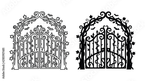 Gothic Gates: Intricate wrought iron gates adorned with thorny vines and delicate leaves, presented in both a stark black silhouette and a detailed line drawing.