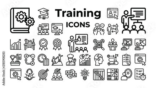 Training Icons Set: A comprehensive collection of vector line icons representing various aspects of training and development, including learning, teaching, planning, and achievement.