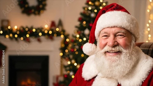 Smiling Santa Claus sitting in cozy living room with decorated Christmas tree, fireplace and garlands. Portrait of happy elderly man in red costume at home.