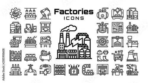 Factory Icons Collection: A comprehensive set of vector icons depicting various elements of industry and factory production, including machinery, buildings, and processes.