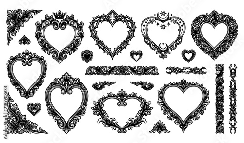 Dark Gothic Heart Antique Baroque Victorian Ornament Frame Vector Kit