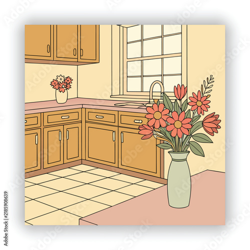 Modern Kitchen Interior with Flower Pot Flat Design Vector Illustration