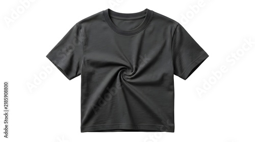 Blank dark grey t shirt mockup with spiral twist texture isolated on white background top view oversized crop tshirt layout