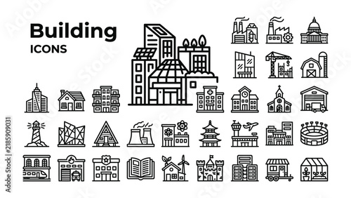 Set of Building Icons: A collection of diverse building icons representing various architectural styles and structures, suitable for graphic design and web development.