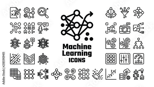 Machine Learning Icons: A collection of vector icons representing various concepts and processes within machine learning, including neural networks, data analysis, and algorithms.