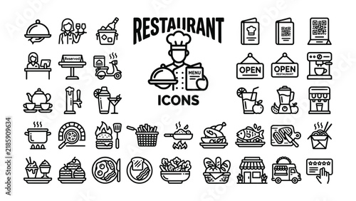 Restaurant Icons Set: A comprehensive collection of flat vector icons representing various aspects of the restaurant industry, including food, service, and dining.