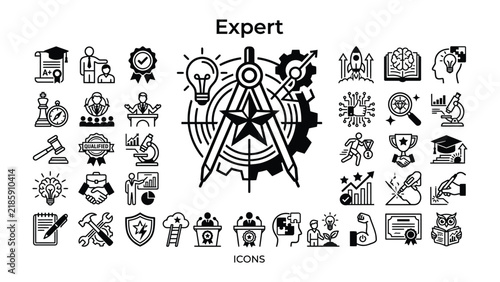 Expert Icons Set: A comprehensive collection of vector icons representing expertise, encompassing various fields like business, education, science, and innovation.