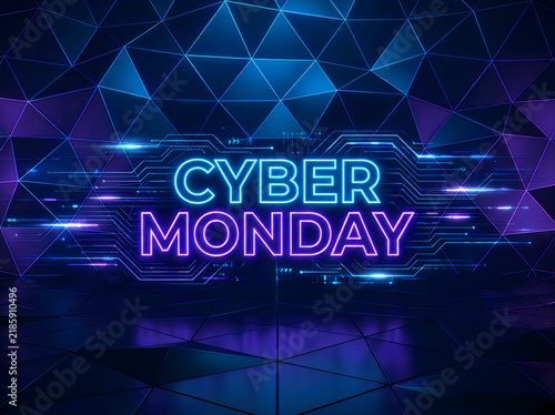 Cyber monday neon text banner with digital technology background