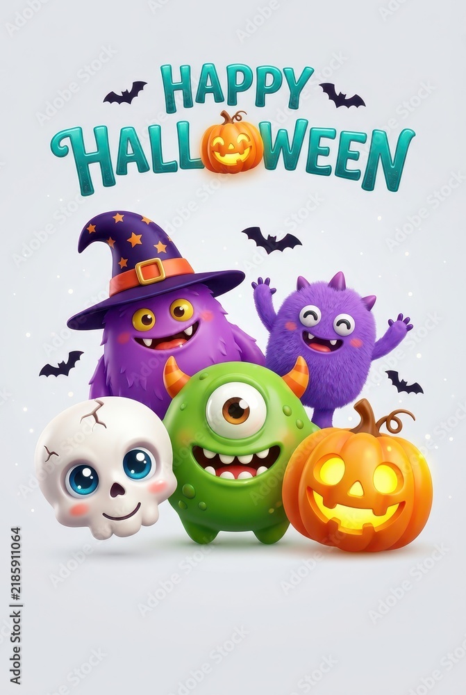 Fototapeta premium Happy Halloween Greeting Card with Cute 3D Monsters, Skull, and Jack-o'-lantern on White Background