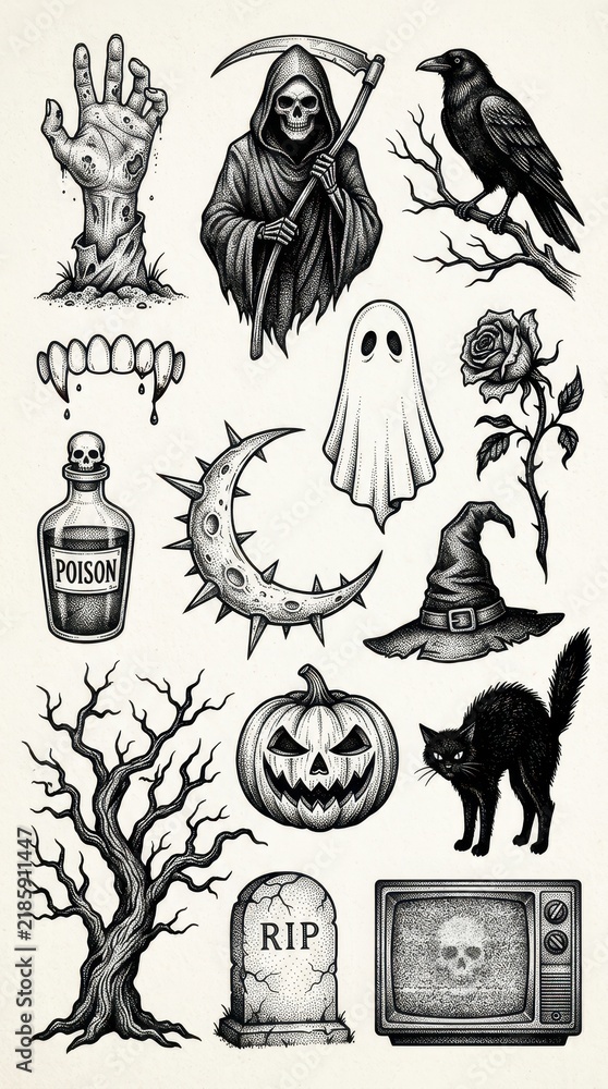 Fototapeta premium Vintage Halloween Tattoo Flash Set with Grim Reaper, Ghost, Jack-o-lantern, and Gothic Elements in Stipple Art Style