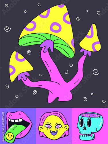 Принти на полотні Cartoon drawing with trippy mushrooms, open mouth, girl head and skull