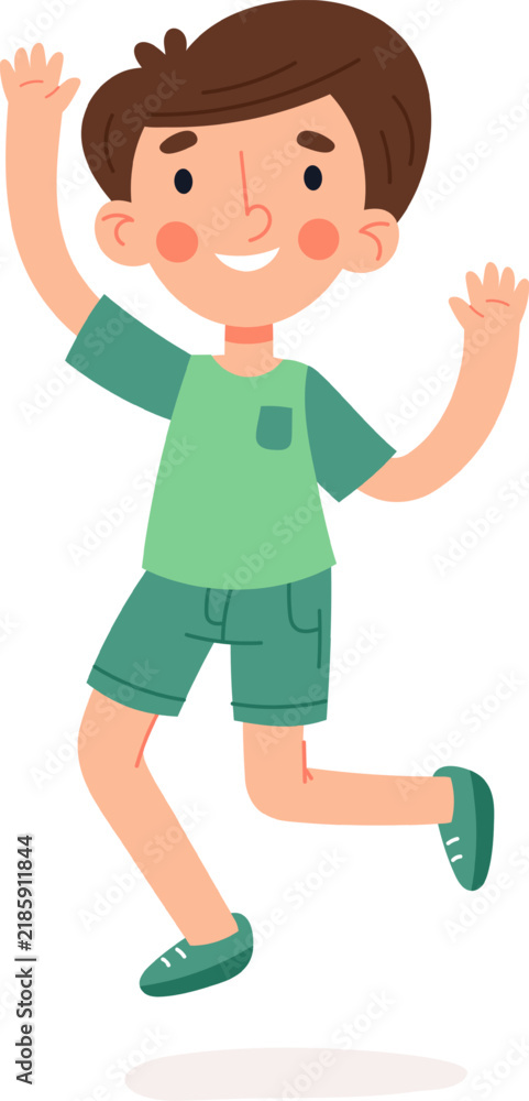 Obraz premium Cheerful boy jumping and waving his hands, celebrating with joy and energy