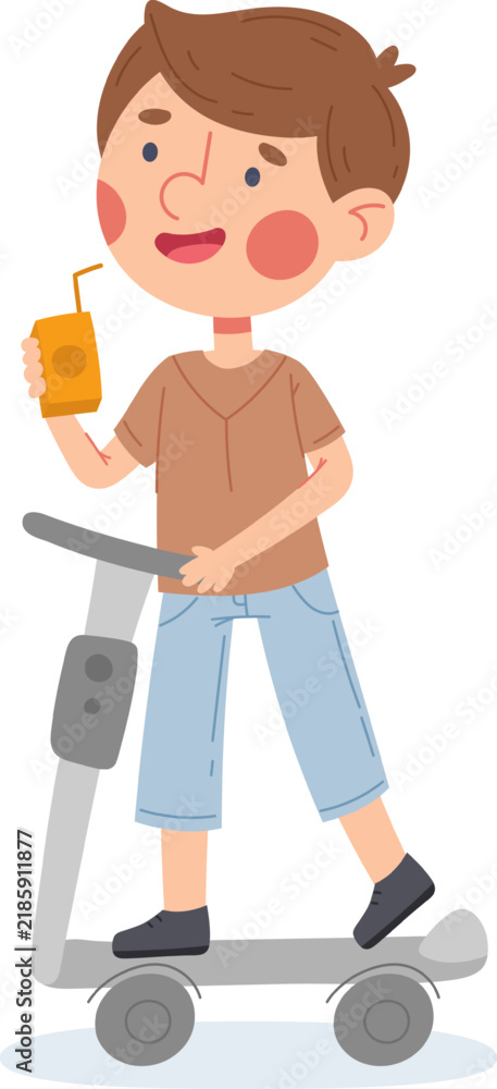 Fototapeta premium Happy childhood scene with boy holding beverage box while riding kick scooter