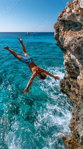 A man dives headfirst from a rocky cliff into vibrant turquoise ocean water, with sunlight sparkling on the waves and a boat visible in the distance.