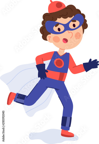 Foto Little boy wearing a superhero costume and mask acting out a heroic run