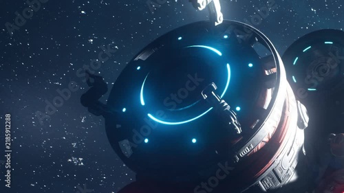 A spaceship orbits in space with bright blue lights. The scene shows stars and dark space in the background. Astronauts may be near the ship, working on tasks.